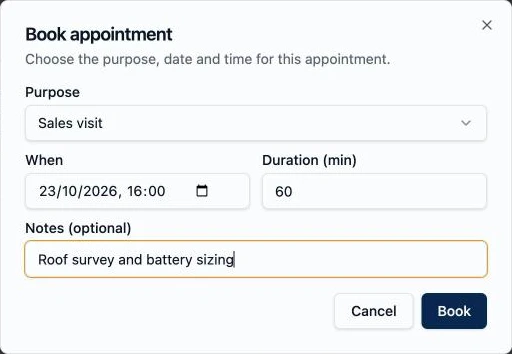 Booking an appointment in Vanteq: purpose, date, time and notes