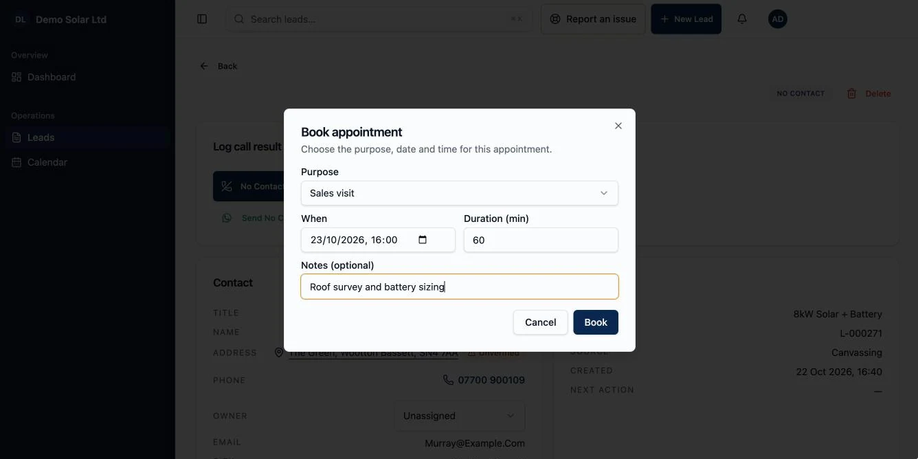 Booking a sales visit from a lead in Vanteq