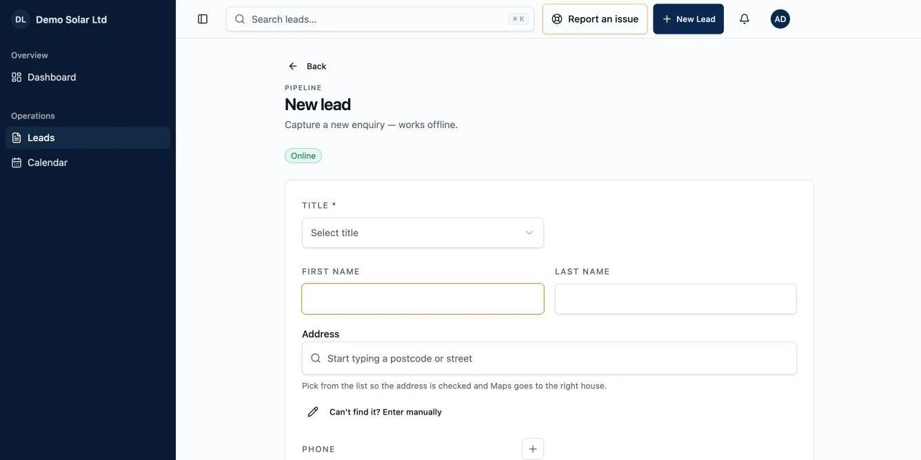 Capturing a new lead in Vanteq, which works offline